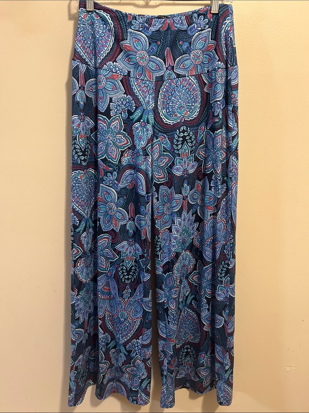 Arolina Paisley Wide Leg Palazzo Pants Size M Blue Pink Boho Flowy Stretchy